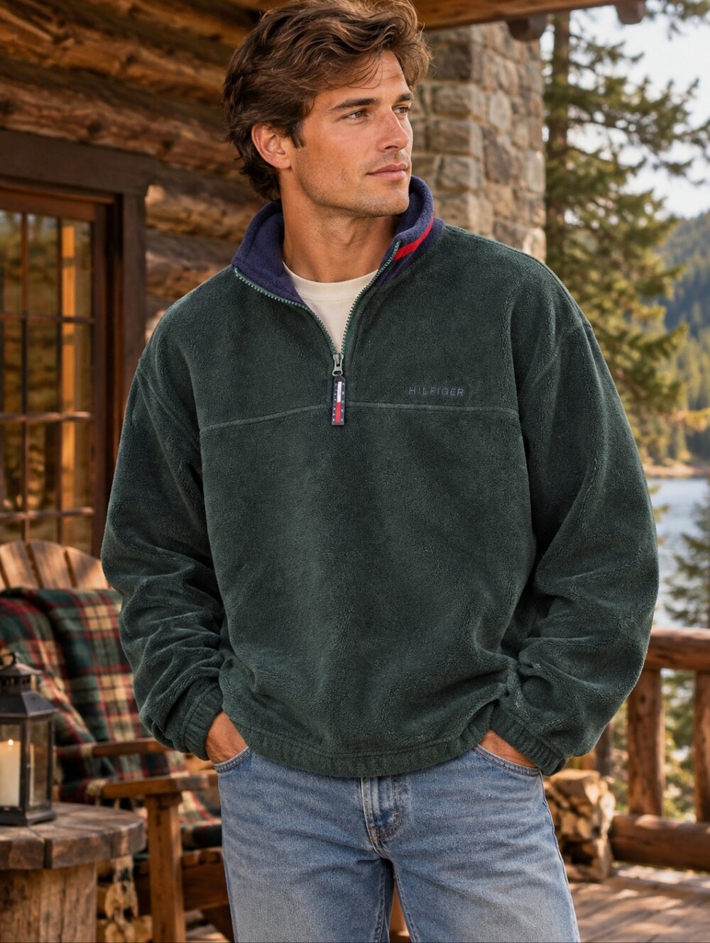 Vtg Tommy Hilfiger Green Quarter Zip Fleece Sweater Cabin Warm Gorpcorp Outdoors